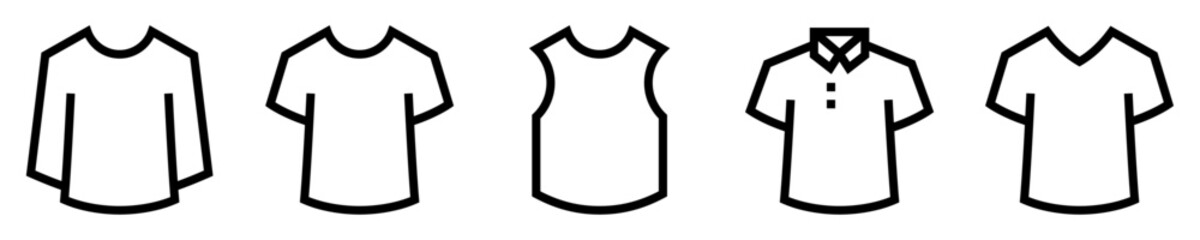Conjunto de iconos de tipos de camisetas. Indumentaria. Camiseta manga corta y larga, polo, camiseta sin manga, cuello v. Ilustración vectorial - obrazy, fototapety, plakaty