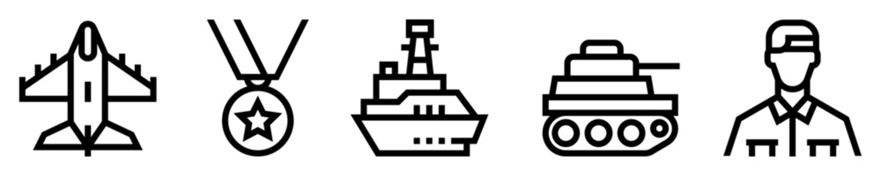 Conjunto de iconos de militares. Avi&oacute;n de combate, medalla, condecoraci&oacute;n, barco y tanque de guerra, soldado. Ilustraci&oacute;n vectorial
