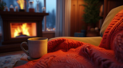Fototapeta na wymiar A mug with hot tea and a knitted scarf on a table with a fireplace in the background