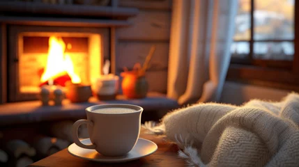 Foto op Plexiglas A mug with hot tea and a knitted scarf on a table with a fireplace in the background © tashechka
