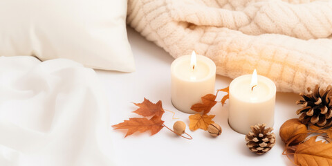Fototapeta na wymiar Autumn cozy composition with white pumpkins, autumn leaves on white background.
