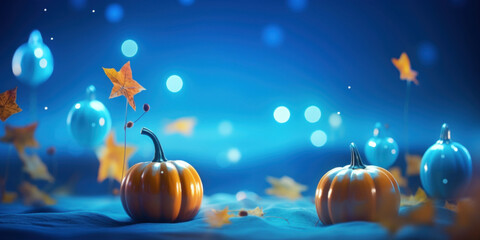 Naklejka premium Pumpkins with fall leaves against a starry blue sky