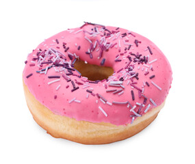 Glazed donut decorated with sprinkles isolated on white. Tasty confectionery