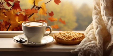 Foto auf Leinwand Cup of hot coffee , slice of apple pie, knitted scarf, on the window age with autumn scene outside, © tashechka