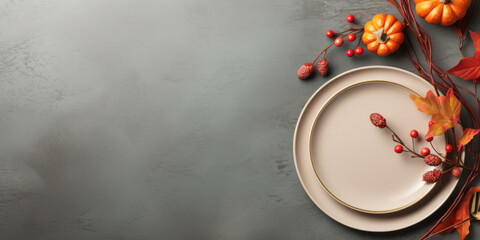 Thanksgiving card mockup with plate, pumpkins on dark grunge table, top view