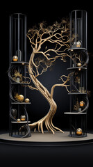 Fototapeta na wymiar Enigmatic Branching Product Showcase on Serene Stage adorned with Intricate Vines and Resplendent Tree Backdrop