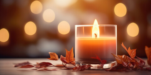 Burning candle and cozy fall decor