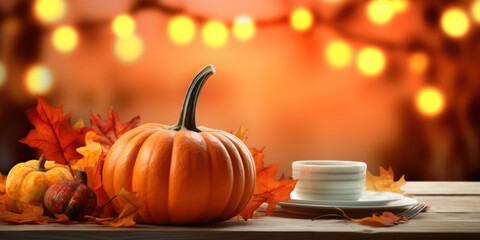 Empty place setting with a plate and silverware on a plain background with pumpkins and an autumn theme