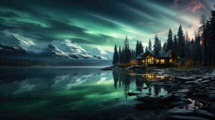 Fototapeta premium fabulous night atmosphere. beautiful northern lights in the sky over the lake. winter mysterious wildlife.