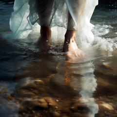Woman dipping her toes in the water - obrazy, fototapety, plakaty