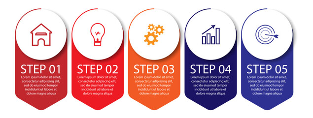 5 step infographics, simple infographic design consisting of five interrelated parts, circle design combined with squares, lines, icons and colors, good for your business presentation