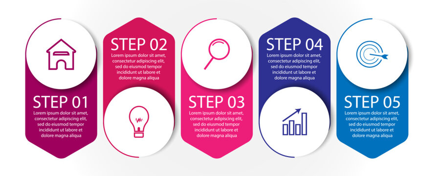 5 step infographics, simple infographic design consisting of five interrelated parts, circle design combined with squares, lines, icons and colors, good for your business presentation
