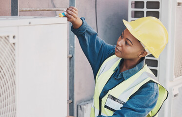 Black woman, technician and building installation for solar panel, construction or vent on roof....