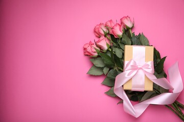 Gift box and beautiful flowers on pink background, flat lay. Space for text