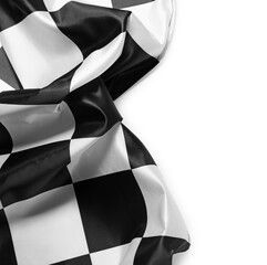 One checkered flag on white background, top view. Space for text