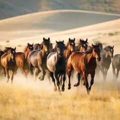 Depiction of a herd of wild horses galloping
