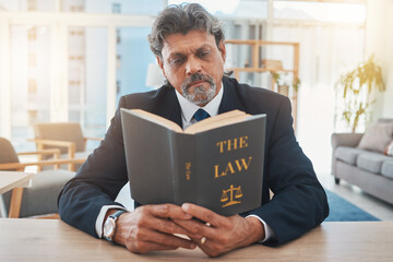 Lawyer, man and reading book in office for legal information, knowledge and business research, compliance or rules. Textbook, judge and professional person, professor or senior attorney with justice - obrazy, fototapety, plakaty
