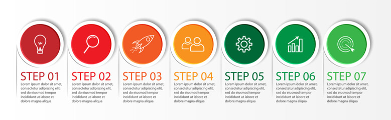 7 step infographics, simple infographic design consisting of seven interrelated parts, circle design combined with squares, lines, icons and colors, good for your business presentation