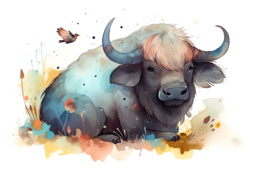 full length african buffalo in watercolor