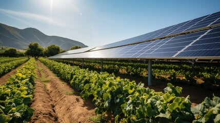 A picturesque landscape showcases rows of lush green crops, with large solar panels extending under a clear blue sky and mountains in the distance.