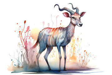 full length greater kudu in watercolor - obrazy, fototapety, plakaty