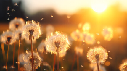 view of dandelion seeds floating at sunset, asthetic style, cinematic lighning