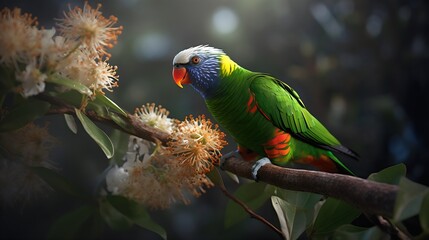 Parrot sitting on a branch with flowers in the rainforest. Generative AI.