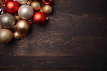 Naklejka premium Christmas baubles on a dark wooden background. Top view with copy space. 