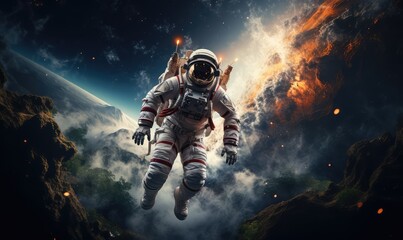 realistic galaxy astronaut floating in space with earth in the background