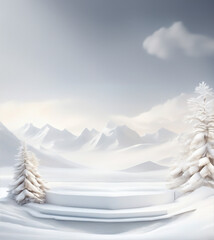 Empty podium with snowy trees, mountain, nature landscape. calm and elegant winter atmosphere. Mockup for product presentation, branding, packaging, marketing, web, banner, editorial, printed matter.