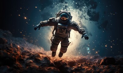 Fototapeta premium realistic galaxy astronaut floating in space with earth in the background