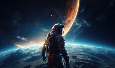Naklejka premium realistic galaxy astronaut floating in space with earth in the background