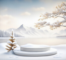Empty podium with snowy trees and nature landscape. Calm and elegant winter atmosphere. Mockup for product presentation, branding, packaging, marketing, web, banner, editorial, printed matter.