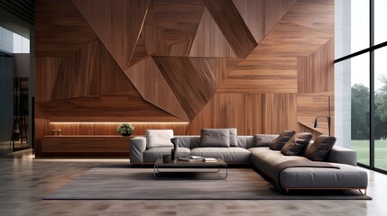 Modern living room with wooden geometric wall - obrazy, fototapety, plakaty