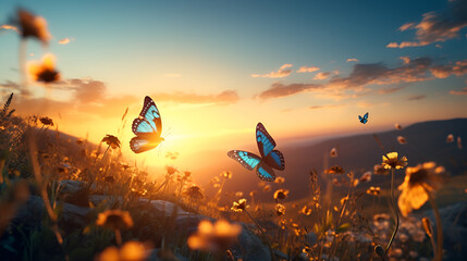 view of wild grass with sunset with flying butterflies, asthetic style, cinematic lighning