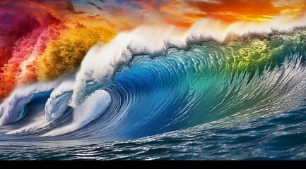 Colorful waves rolled up by blue, glass-clear water