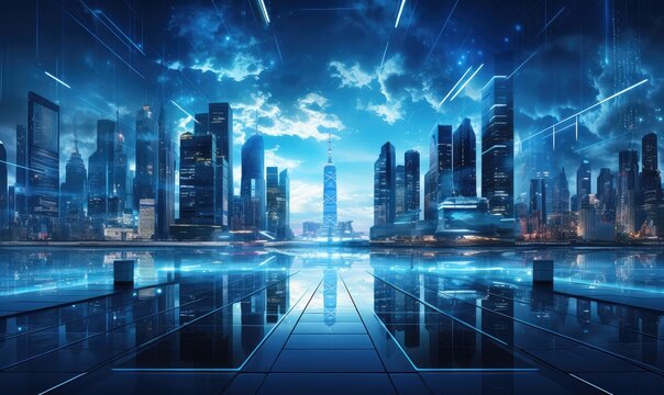 futuristic cityscape with towering skyscrapers and holographic advertisements