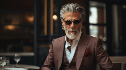 An editorial photo shoot of a wealthy and confident man in his 50s