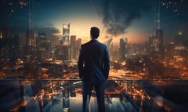 Business, The concept of modern life, The double exposure image of the business man standing back during sunrise overlay with cityscape image