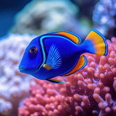 Fototapeta na wymiar A cobalt blue tang swimming in a vibrant coral reef. 