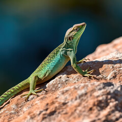 Naklejka na ściany i meble A jade green lizard basking on a sun-drenched rock. 