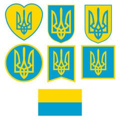 Set of Ukrainian symbols. Applicable for Ukraine support, help icons. Coat of arms of Ukraine. Patriotic stickers or badges. Vector illustration. EPS10.