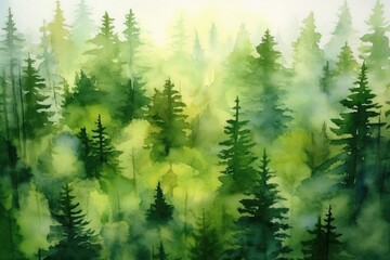 Aerial view of watercolor pine forest