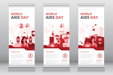 World AIDS day standee or roll up banner, retractable banner, X-banner templates for raising awareness of HIV AIDS transmission, importance of early detection or diagnosis, prevention and treatments - obrazy, fototapety, plakaty