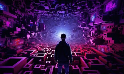 The player is seen wearing a VR headset and interacting with a mind-bending puzzle that involves merging different worlds and dimensions - obrazy, fototapety, plakaty
