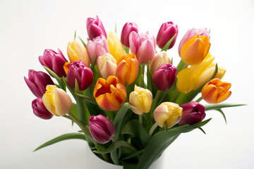 A flower bouquet of colorful tulips, isolated against a white background. (Generative AI)