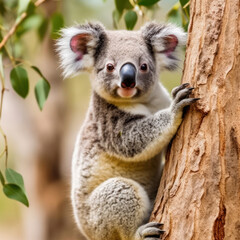 A platinum koala clinging to a eucalyptus tree
