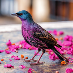  A magenta starling gathering twigs in an ancient
