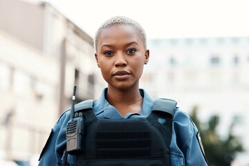 Portrait, police or black woman in city for law enforcement, community protection or legal street...