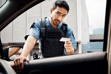 Car, drivers license or police officer in city to check info for law enforcement, protection or street safety. Cop portrait, traffic stop or security guard on patrol in a town for crime or justice - obrazy, fototapety, plakaty
